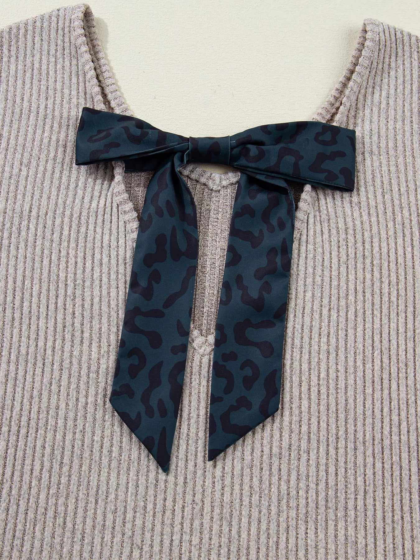 Ribbed V Neck Contrast Ribbon Bow Back Drop Shoulder Long Sleeve Top OutfitFlow