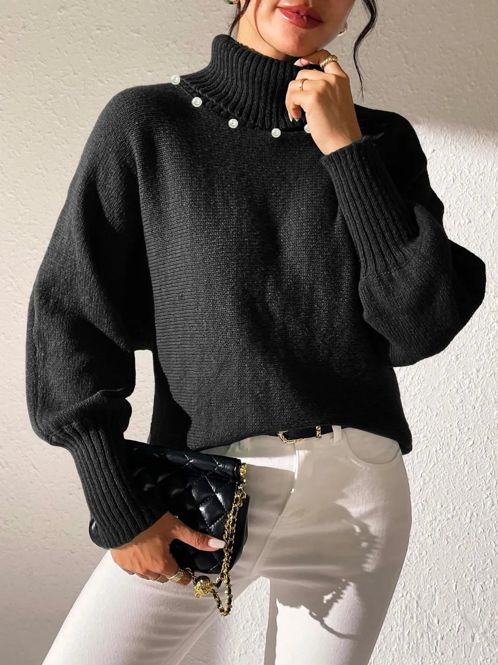 Turtleneck Long Sleeve Sweater Black OutfitFlow