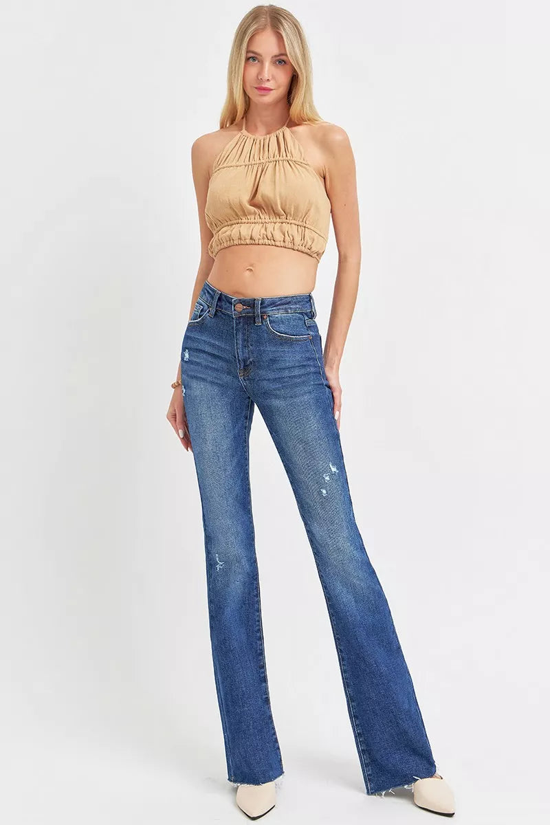 RISEN Full Size Distressed Mid Rise Flare Jeans Plus Size OutfitFlow