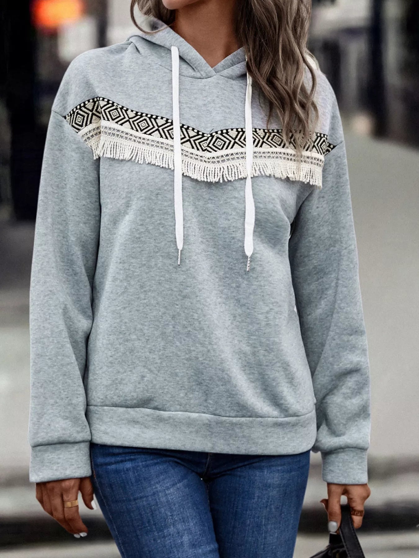 Fringe Detail Long Sleeve Drawstring Hoodie OutfitFlow