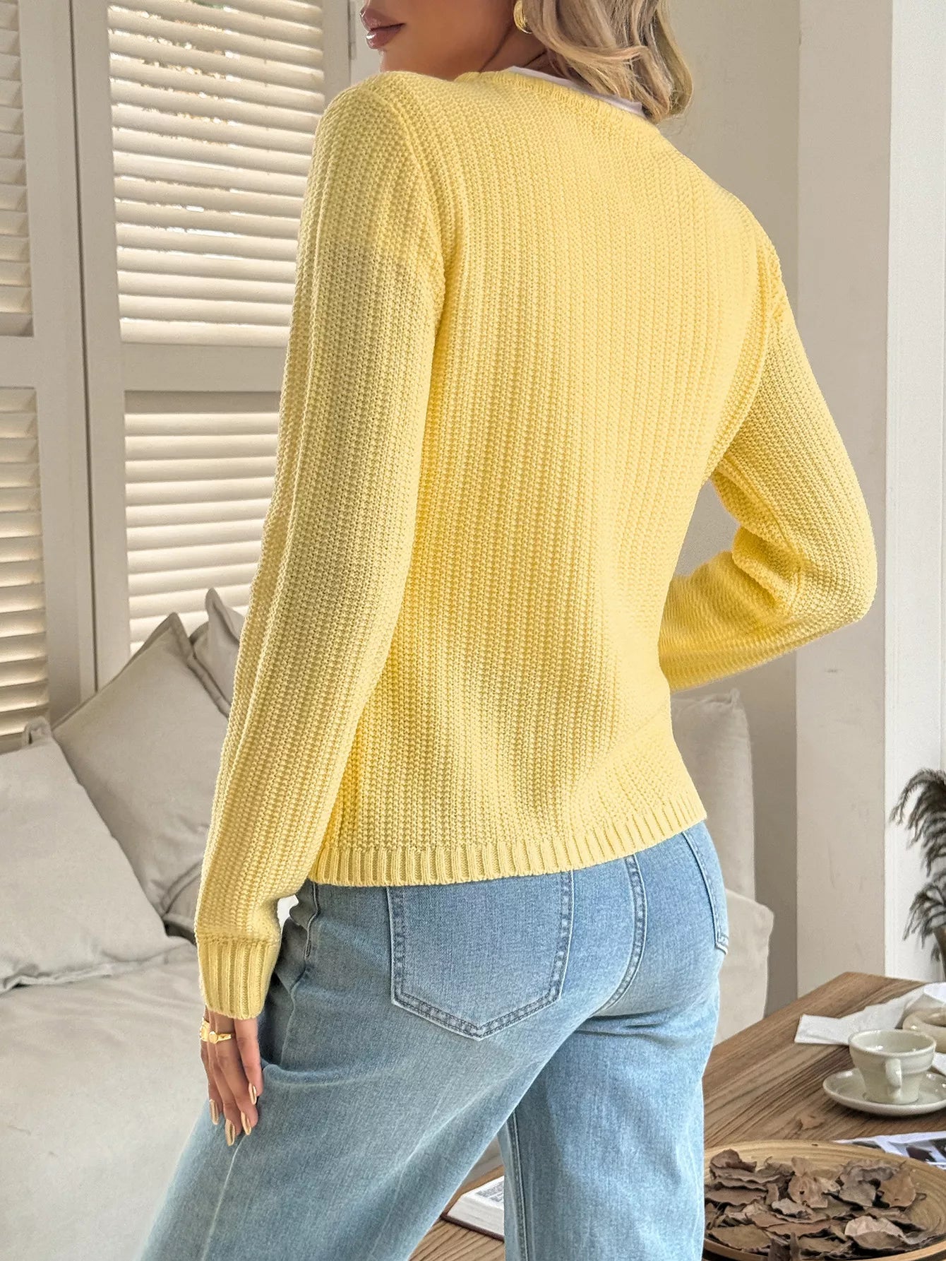 Button-Front Ribbed Long Sleeve Cardigan OutfitFlow