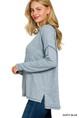 Zenana Full Size Melange Hacci Exposed Seam Hi-low Tee Plus Size OutfitFlow