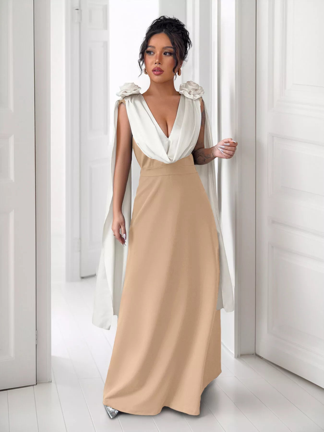 Floral Applique Two Tone Maxi Dress Khaki OutfitFlow