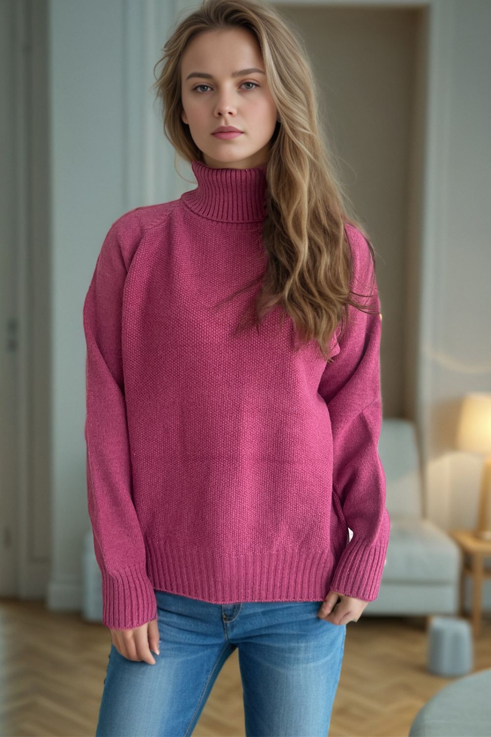 Outfit Flow - Ribbed Turtleneck Raglan Sleeve Sweater