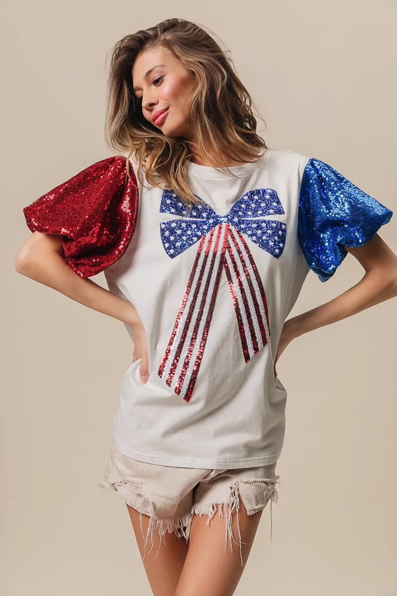 BiBi Sequin American Flag Bow Top OutfitFlow