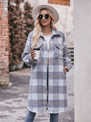 Mandy Plaid Dropped Shoulder Slit Coat Gray Trendsi