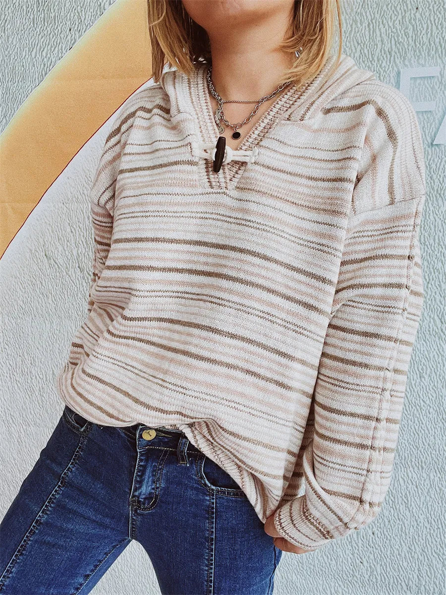 Striped Long Sleeve Hooded Sweater Trendsi