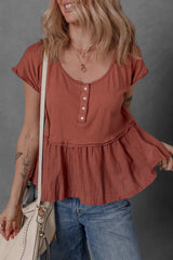 Short Sleeve U Neck Buttons Splicing Ruffle Blouse OutfitFlow
