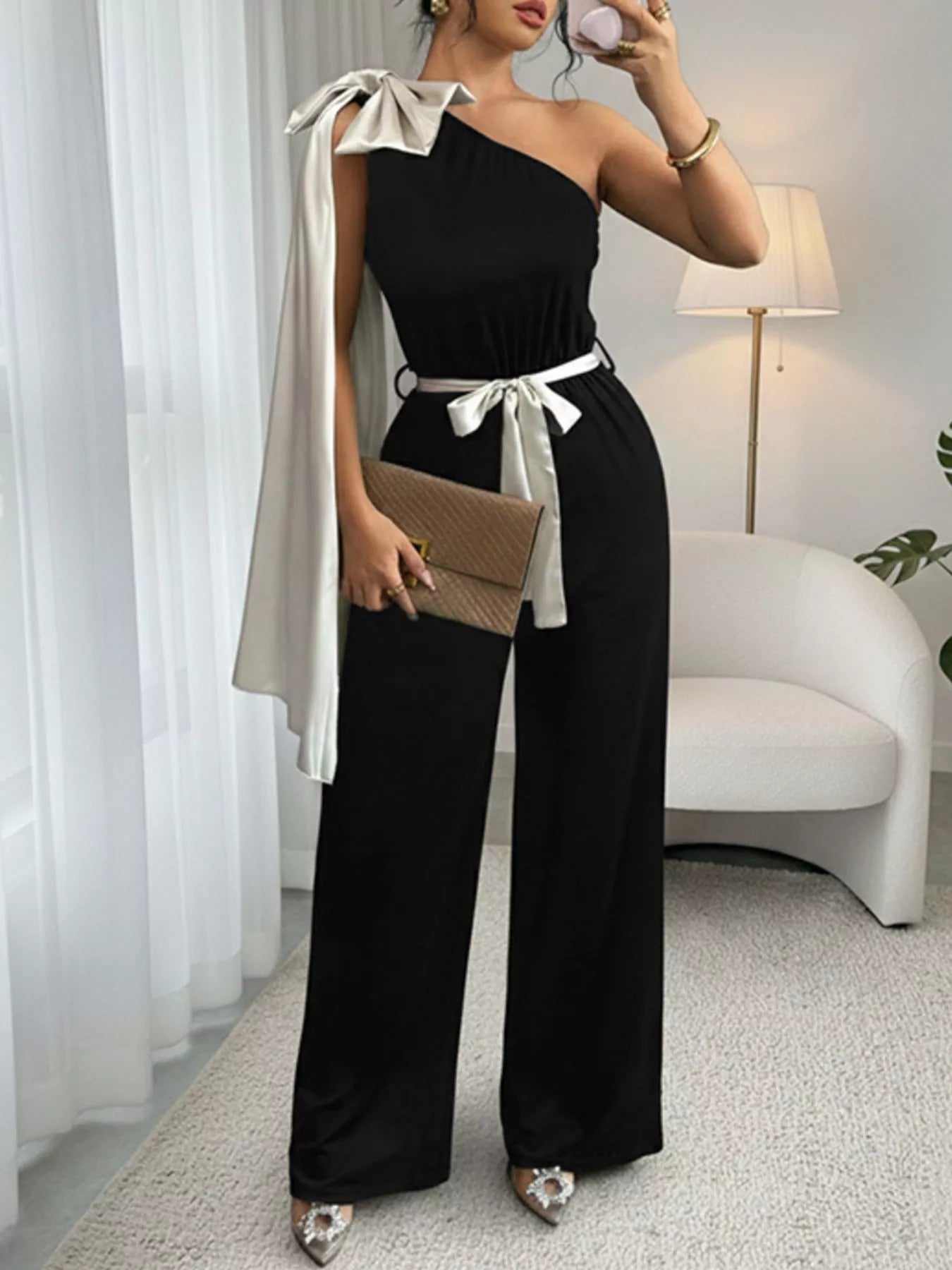 One-Shoulder Bowknot Wide Leg Jumpsuit OutfitFlow