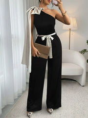 One-Shoulder Bowknot Wide Leg Jumpsuit OutfitFlow