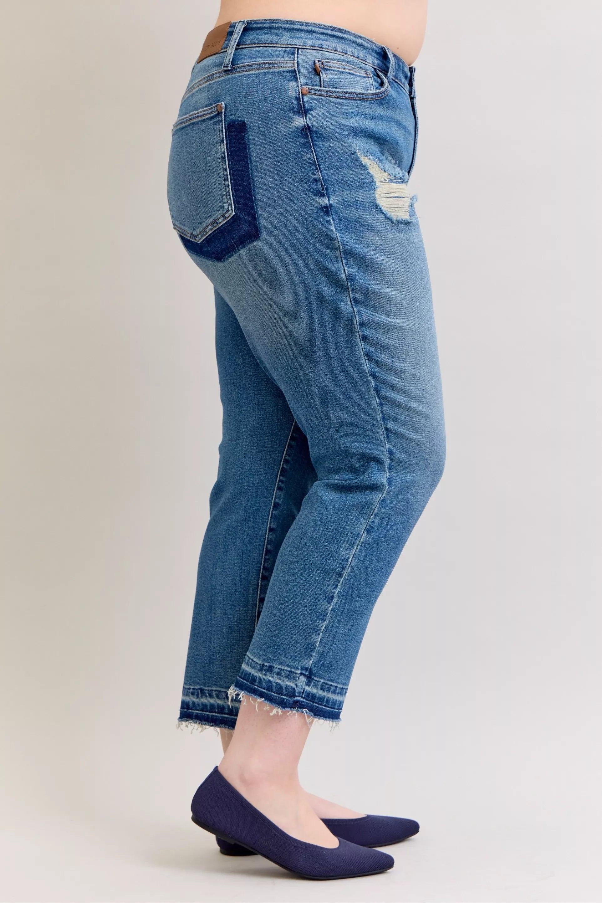 Judy Blue Full Size Mid Rise Bf Patch & Repair Destroy Release Hem Jeans Plus Size OutfitFlow