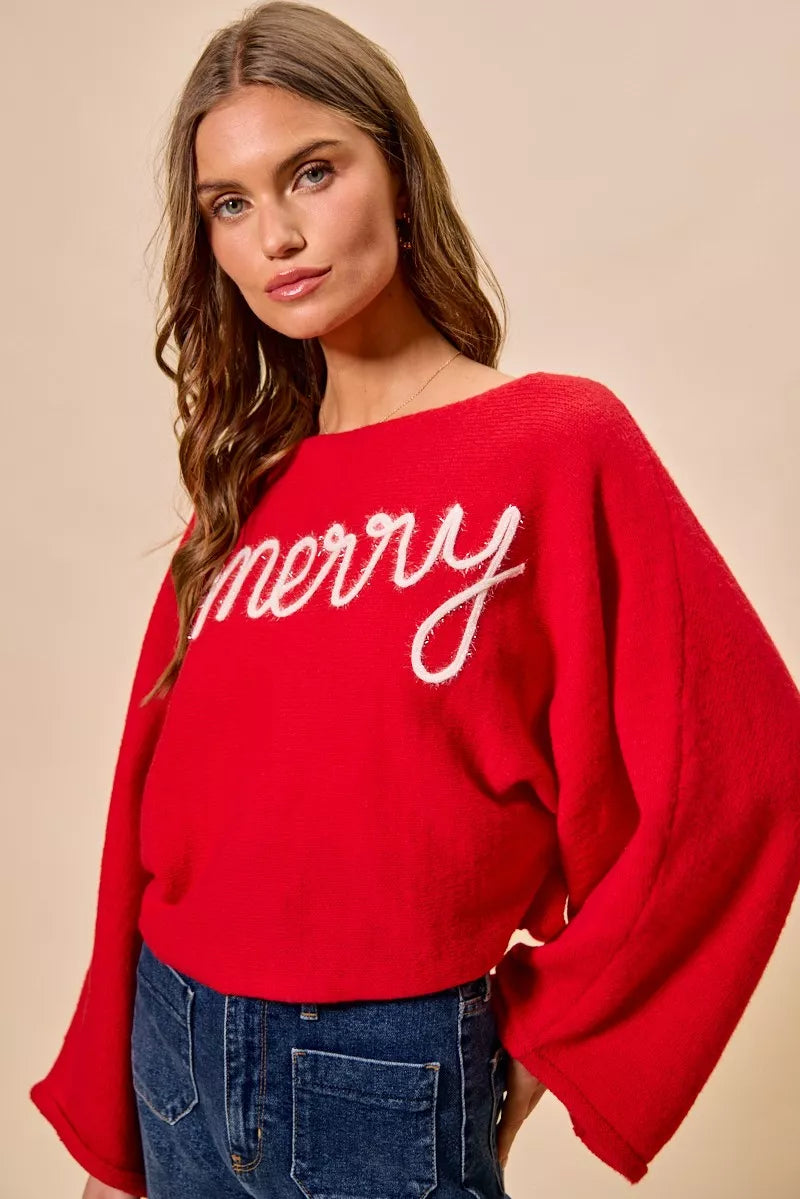 SO ME Merry Tinsel Lettering Christmas Sweater Top OutfitFlow