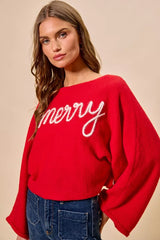 SO ME Merry Tinsel Lettering Christmas Sweater Top OutfitFlow