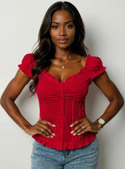 Frill Ruched Cap Sleeve Blouse Scarlet OutfitFlow