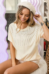 BiBi Rhinestone Beaded Short Sleeve Top NUDE OutfitFlow