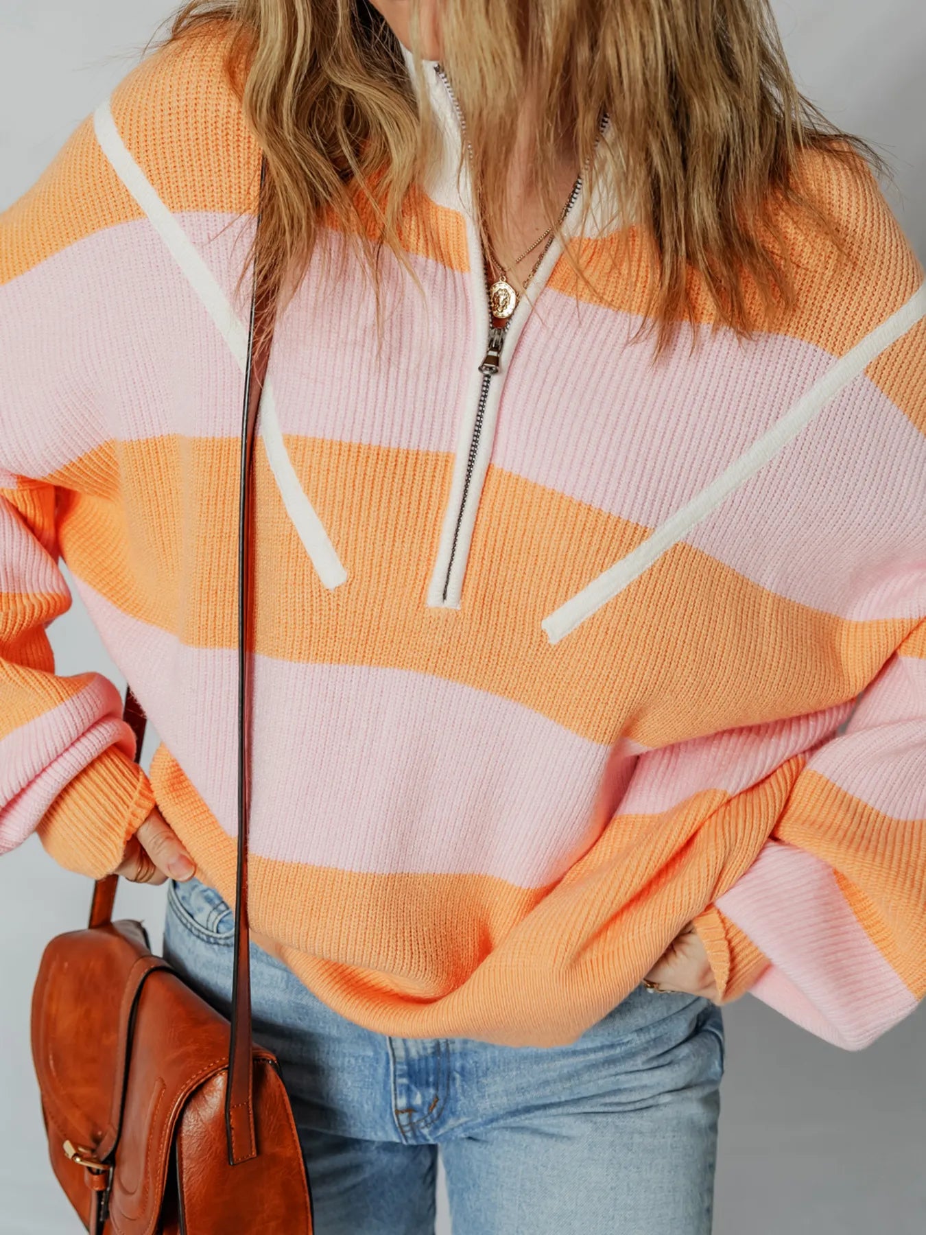 Stripe Color Block Half Zip Oversize Sweater OutfitFlow