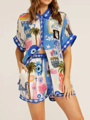 Printed Button Up Shirt and Shorts Set OutfitFlow