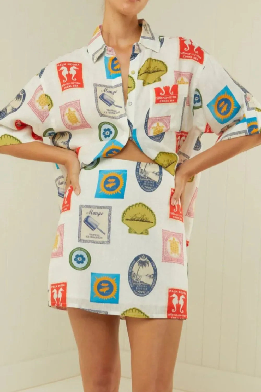 Printed Button Up Shirt and Skirt Set OutfitFlow