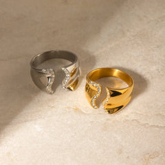 Stainless Steel Inlaid Rhinestone Bypass Ring OutfitFlow