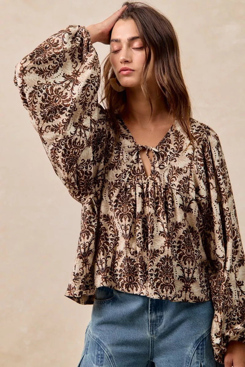 BiBi Printed Woven Front Tied Blouse with Baloon Sleeve OutfitFlow
