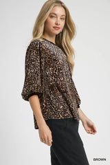 Umgee Leopard Round Neck Three-Quarter Sleeve Blouse Trendsi
