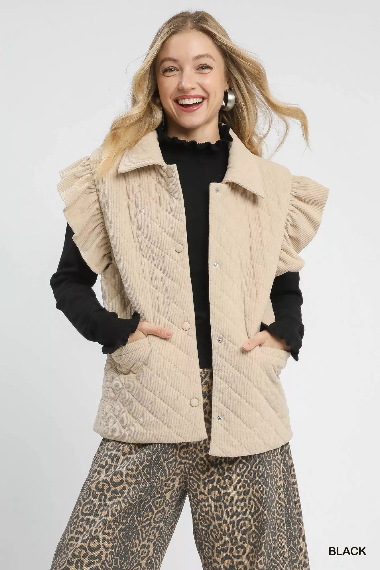 Umgee Ruffle Mock Neck Puff Sleeve Sweater OutfitFlow