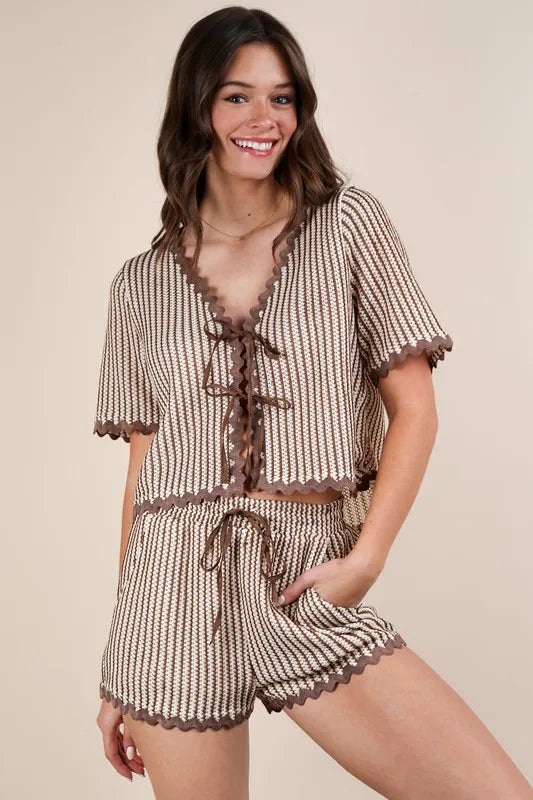 VERY J Wave Trim Detail Knit Top & Shorts Set OutfitFlow