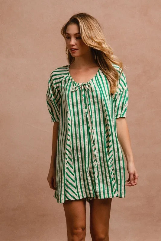 BiBi Puffy Sleeves Romper with Back Button Closure OutfitFlow