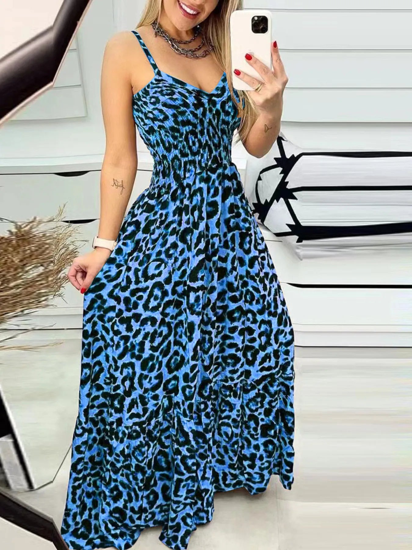 Full Size Leopard Print Spaghetti Strap Maxi Dress Plus Size Blue OutfitFlow
