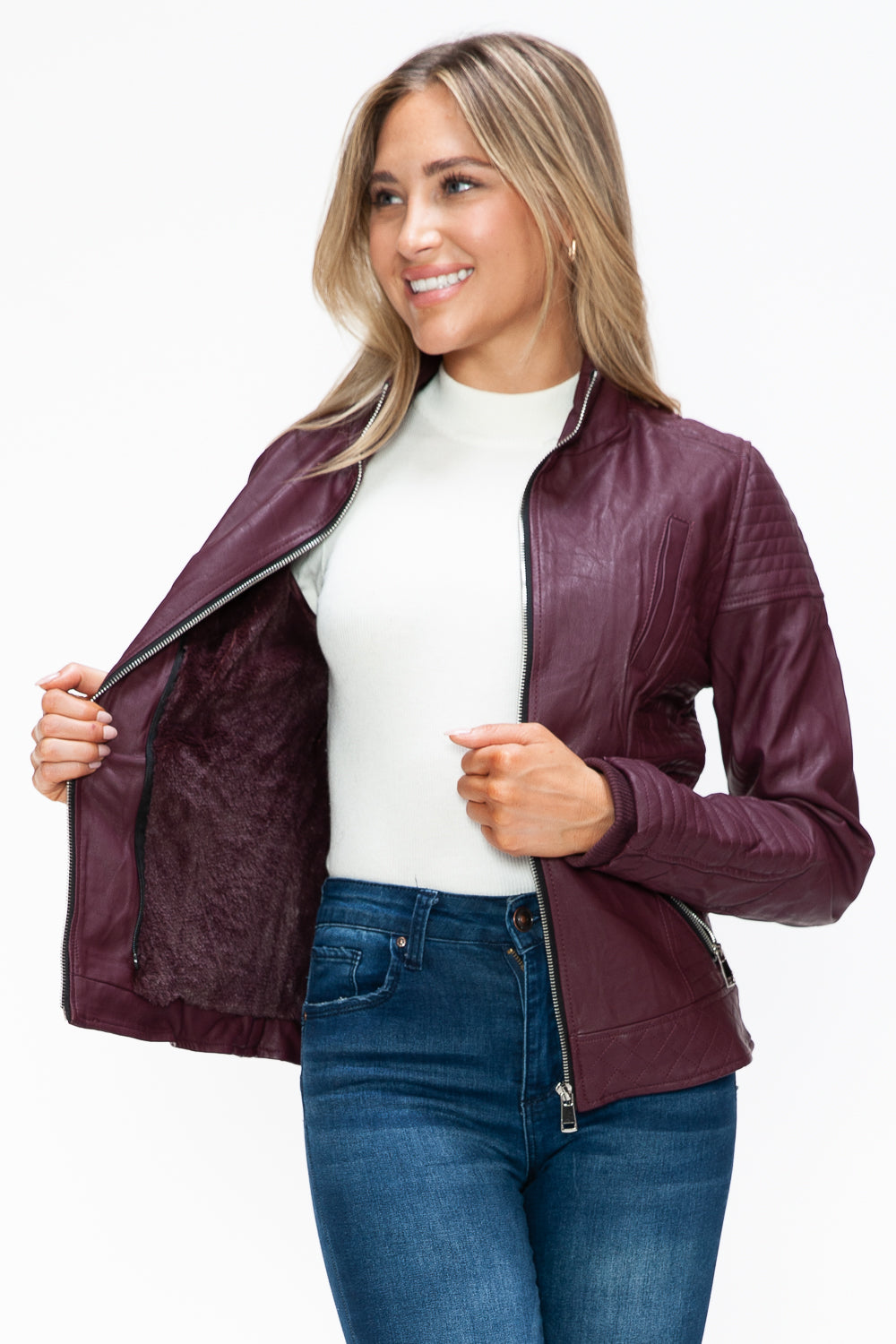 Outfit Flow - YMI Faux Layered Double-Zipper Jacket with Fuzzy Hood