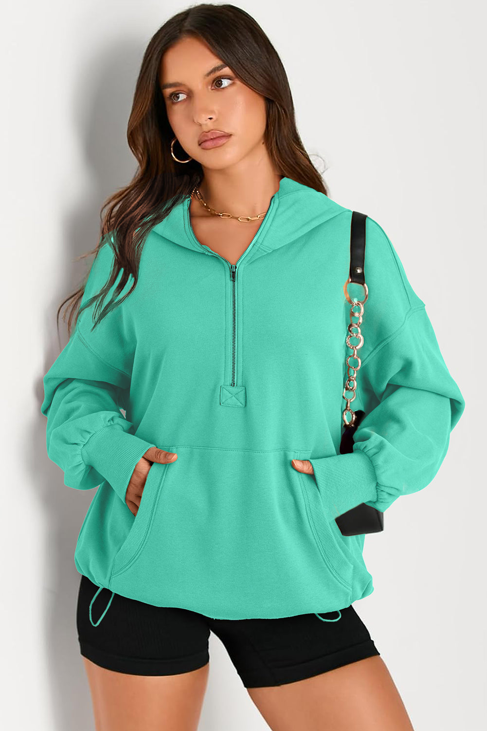 Outfit Flow - Pocketed Half Zip Long Sleeve Hoodie