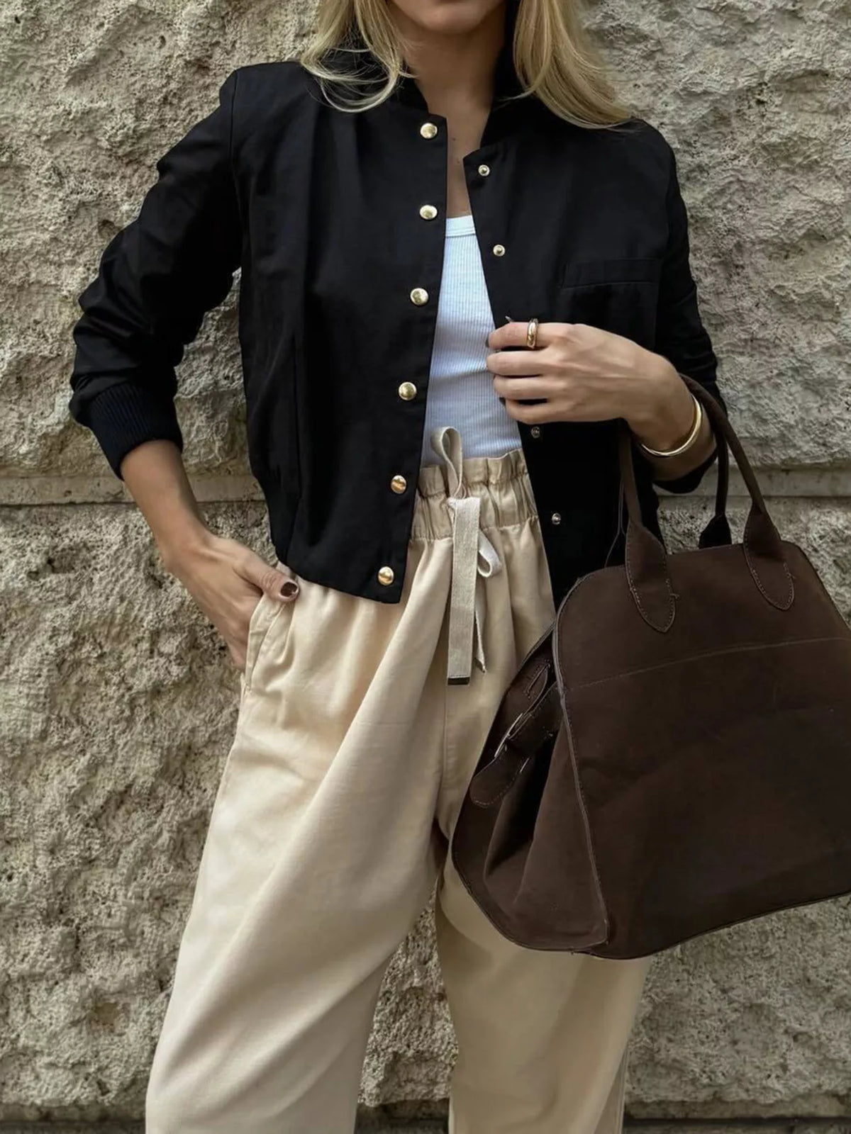 Snap Down Cropped Bomber Jacket Black OutfitFlow