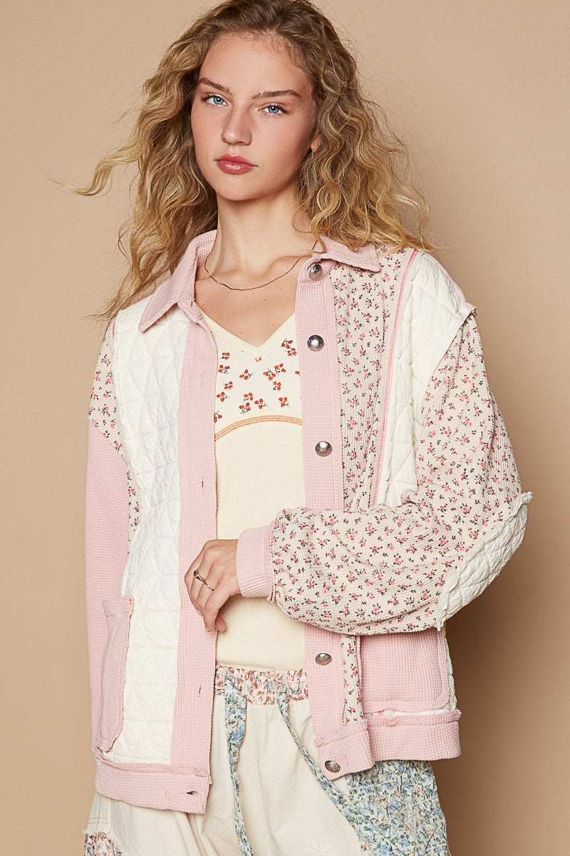 Outfit Flow - POL Floral Exposed Seam Button Up Quilted Jacket