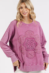 Outfit Flow - Mittoshop Flower Patch Side Slit Mineral Wash Round Neck Sweatshirt