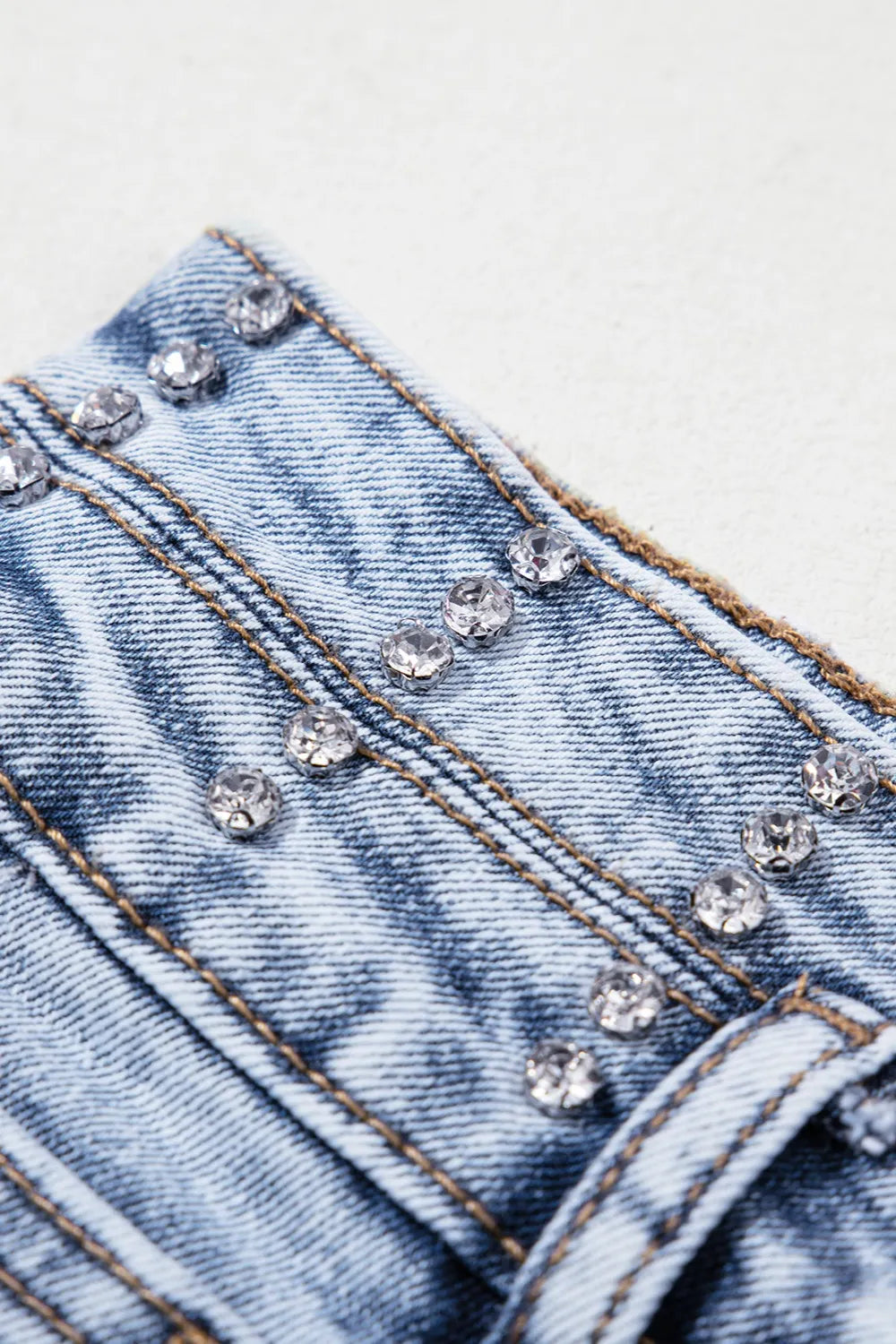 Rhinestone Light Wash Raw Hem High Waist Denim Shorts OutfitFlow