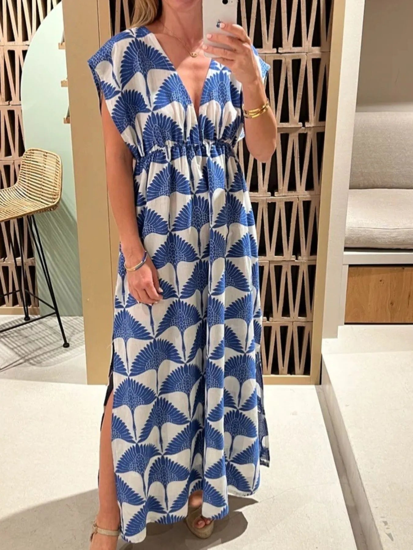 Slit Printed V-Neck Cap Sleeve Maxi Dress OutfitFlow