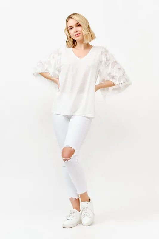 And The Why Feather Detailed 3/4 Sleeve Slub Top OutfitFlow