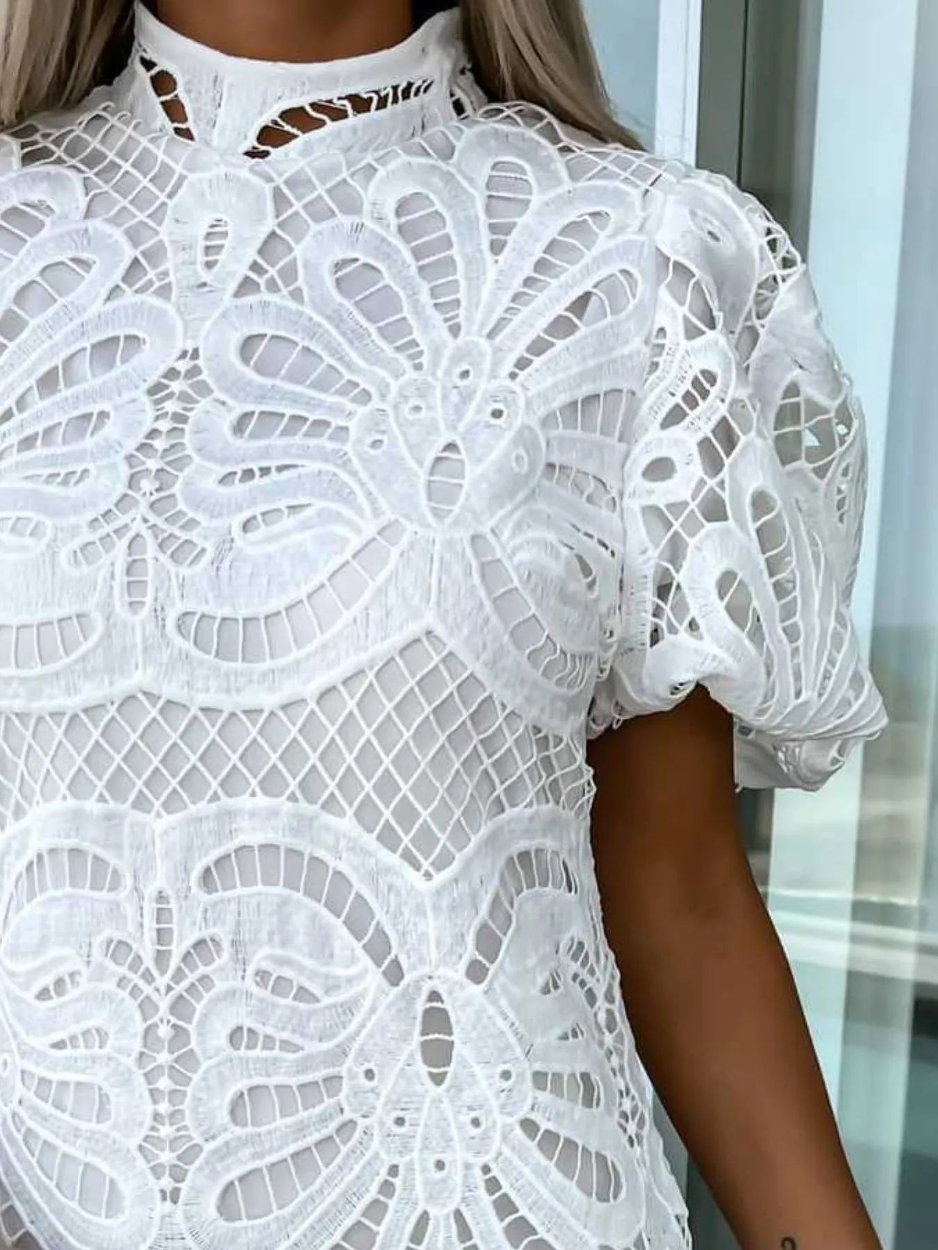 Lace Mock Neck Puff Sleeve Dress OutfitFlow