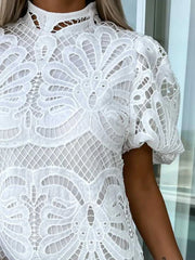 Lace Mock Neck Puff Sleeve Dress OutfitFlow