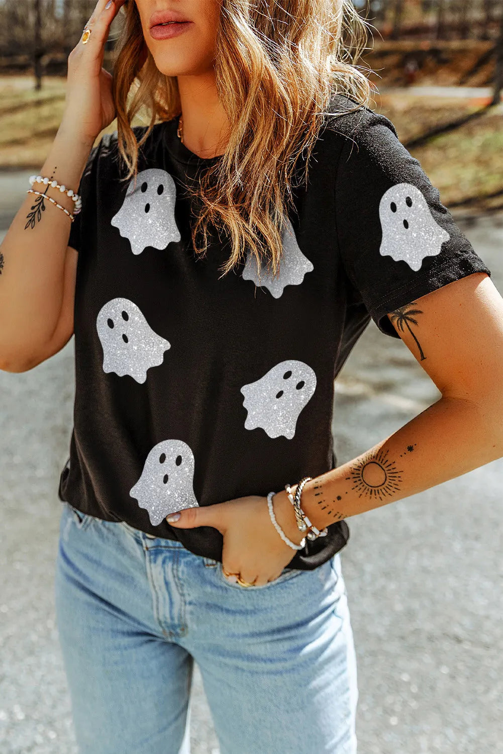 Glitter Ghost Round Neck Short Sleeve T-Shirt OutfitFlow