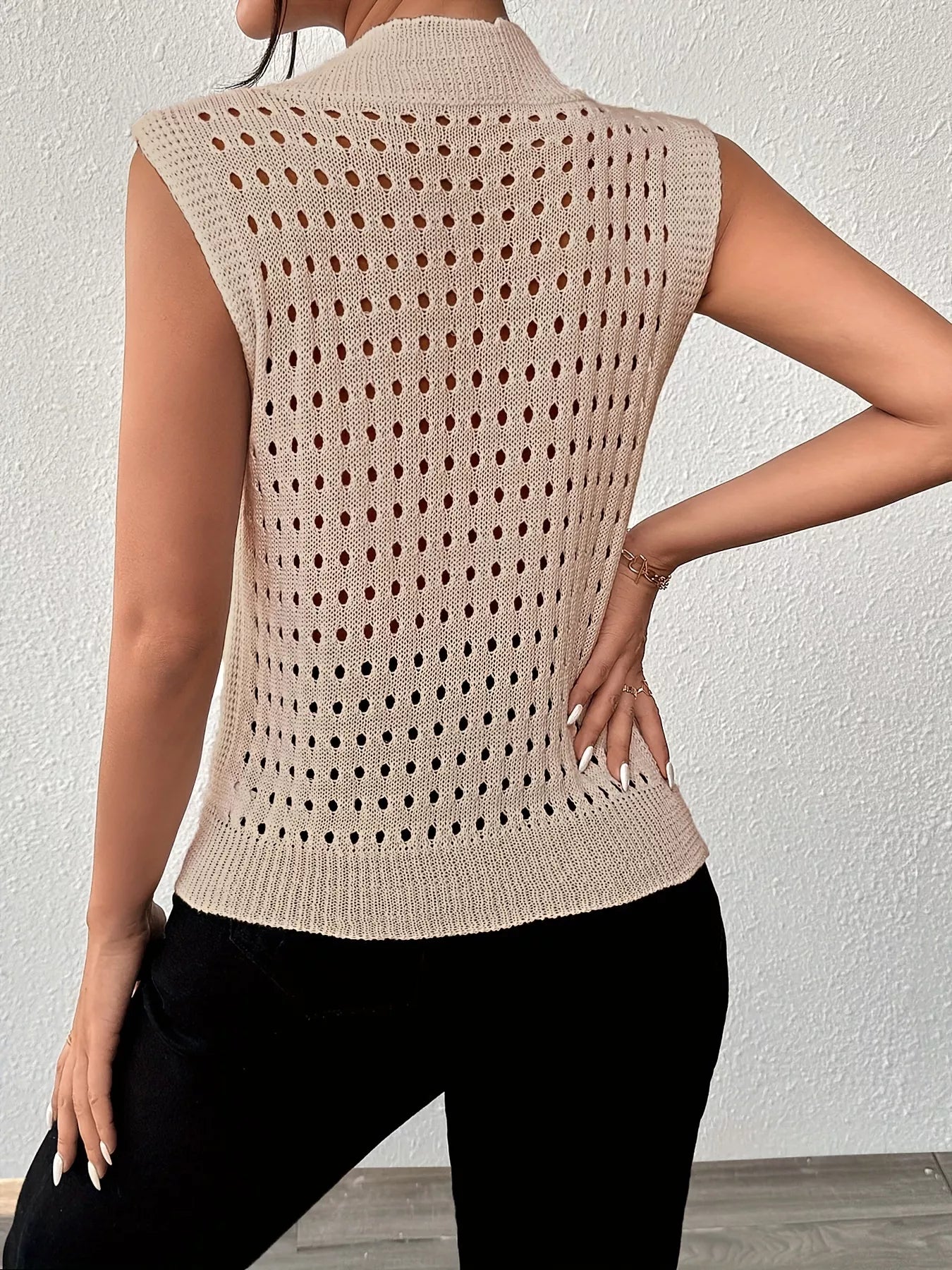 Hollow Out Round Neck Knit Tank Khaki OutfitFlow