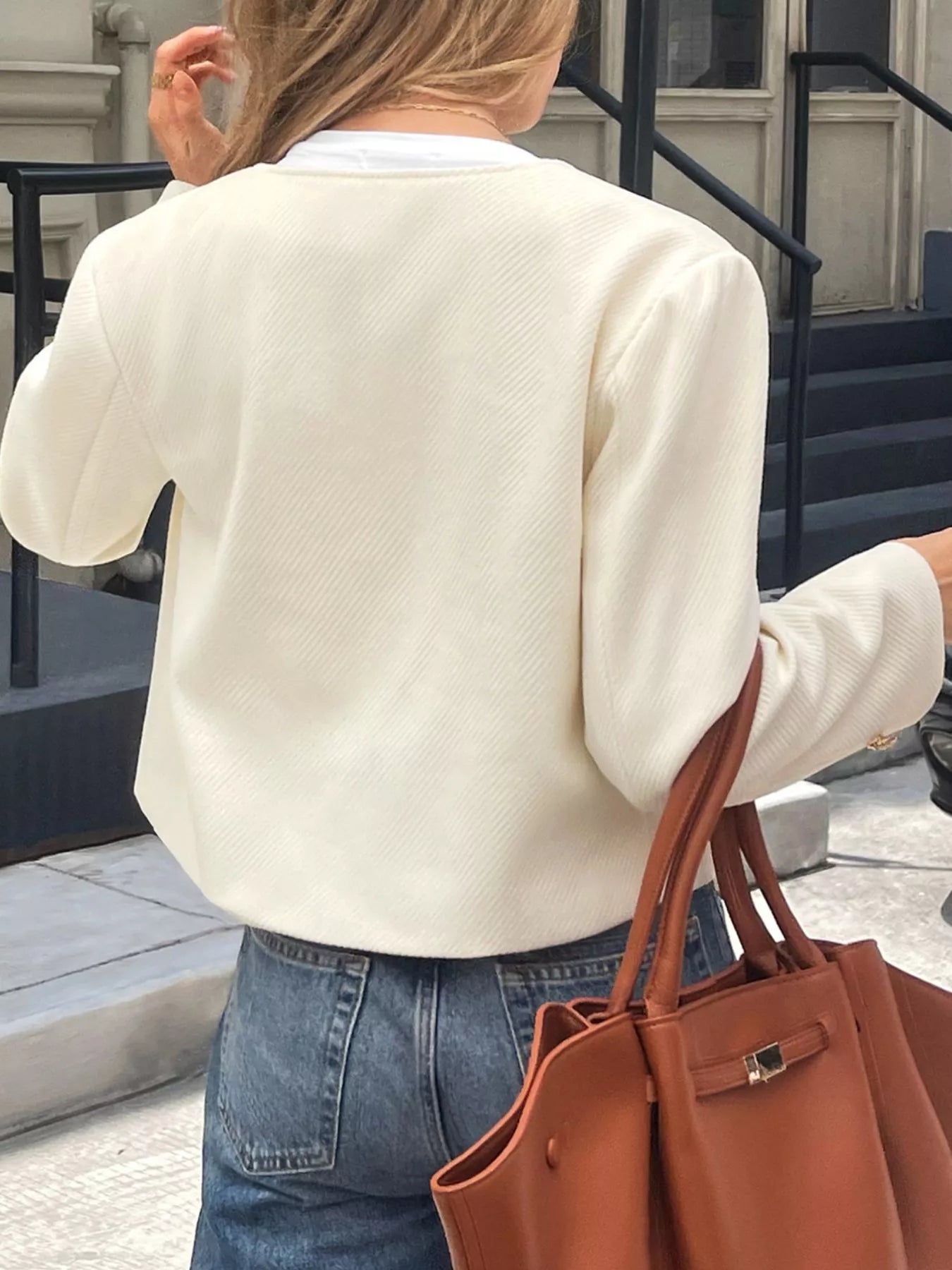 Textured Button-Down Cropped Jacket OutfitFlow