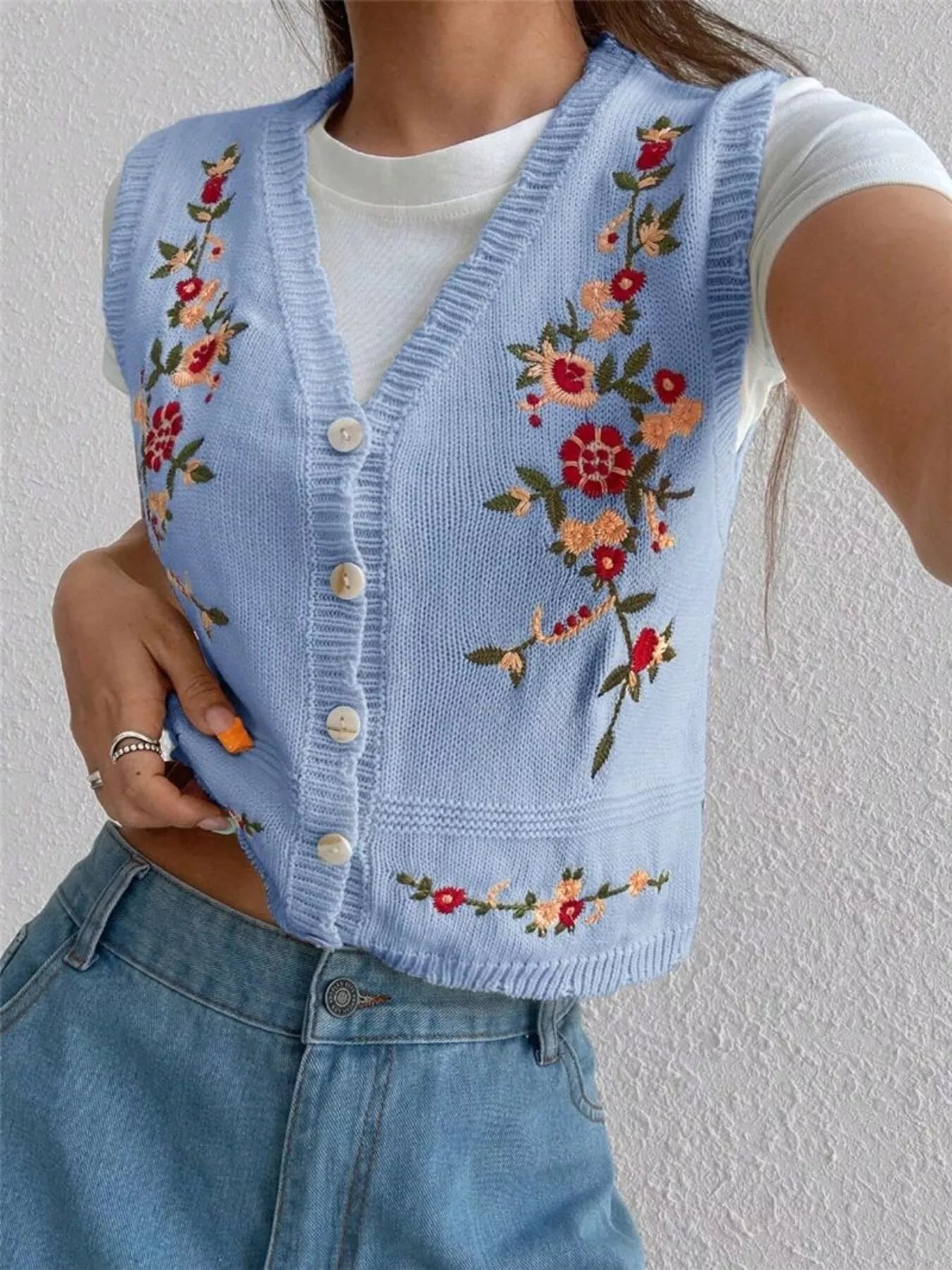 Embroidered Button Up Sweater Vest OutfitFlow