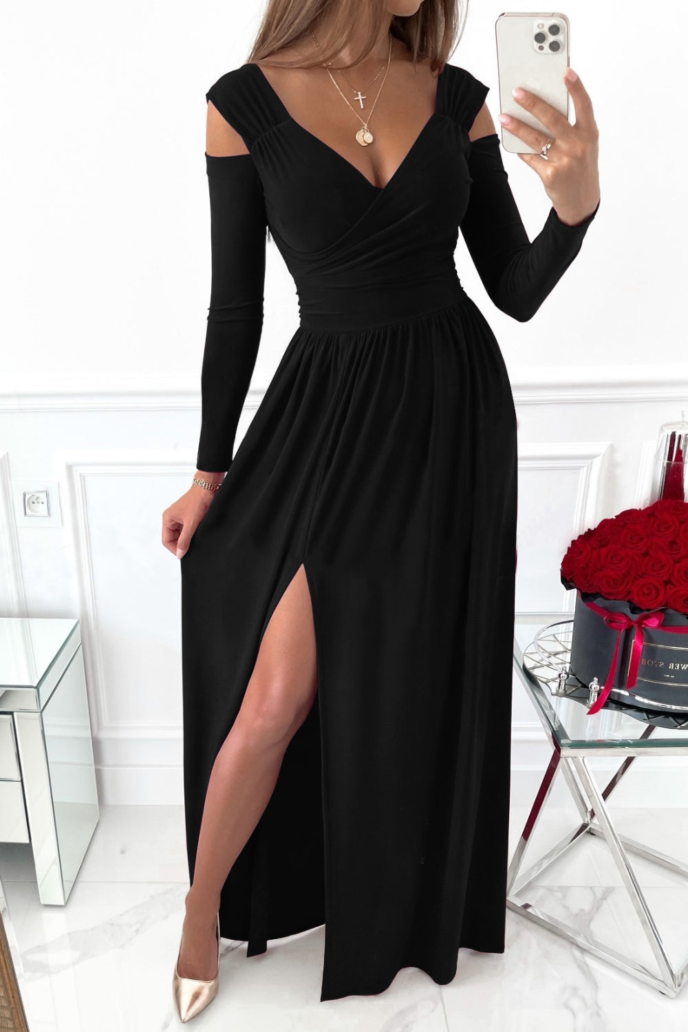 Slit Surplice Long Sleeve Maxi Dress Black OutfitFlow