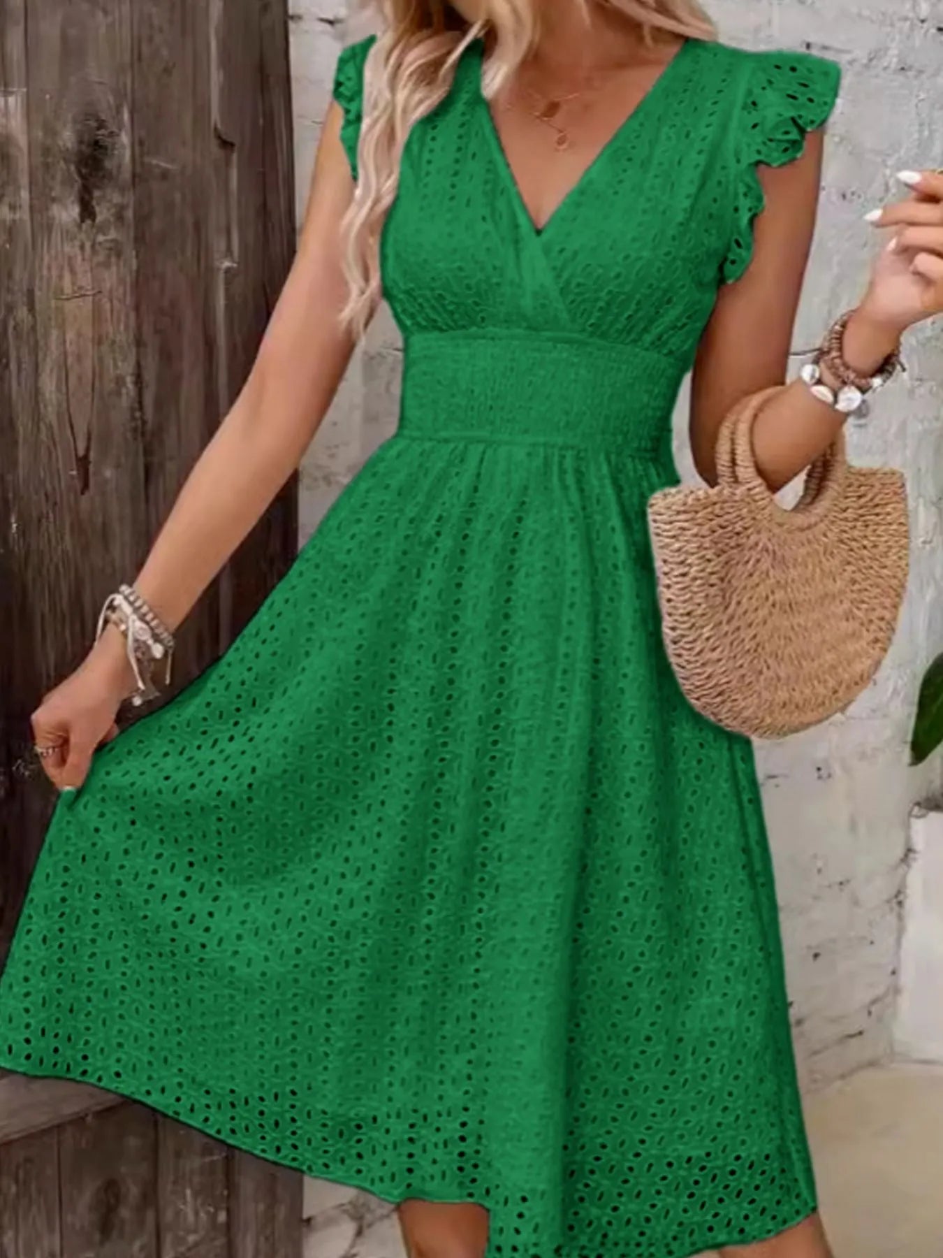 Eyelet Ruffled Cap Sleeve Mini Dress OutfitFlow