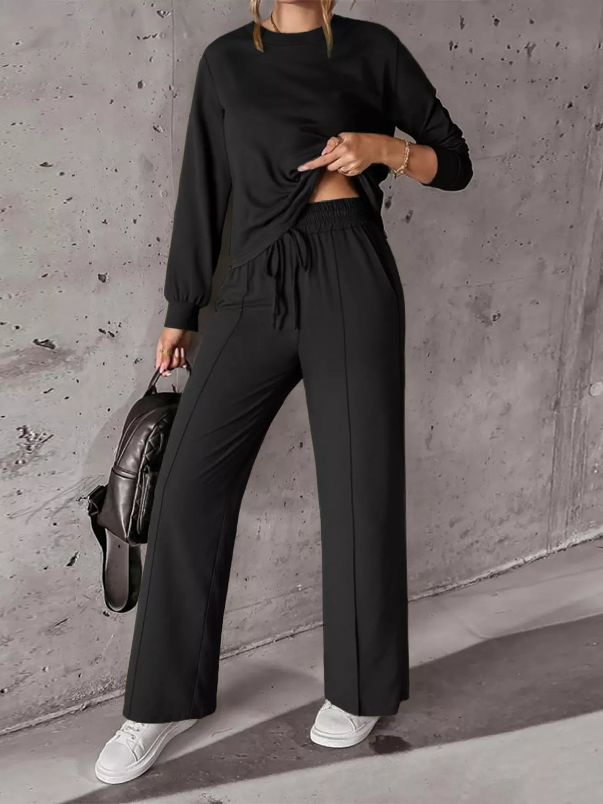 Solid Color Long Sleeve Top & Wide Leg Pants Set Black OutfitFlow