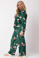 Outfit Flow - Christmas Hat Pattern Round Neck Long Sleeve Top and Pants Set