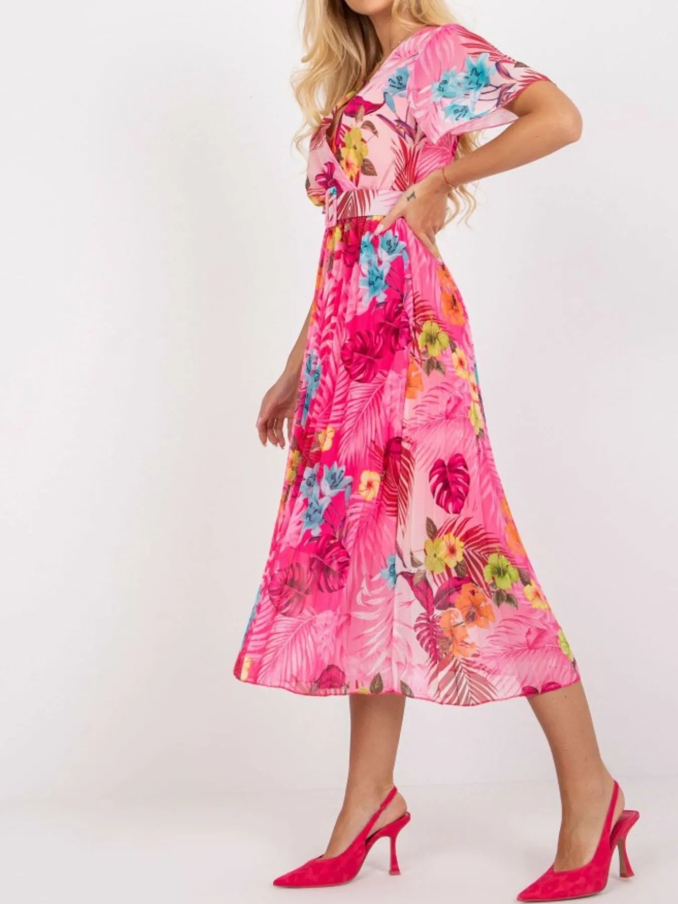Printed Pleated Midi Wrap Dress with Belt OutfitFlow