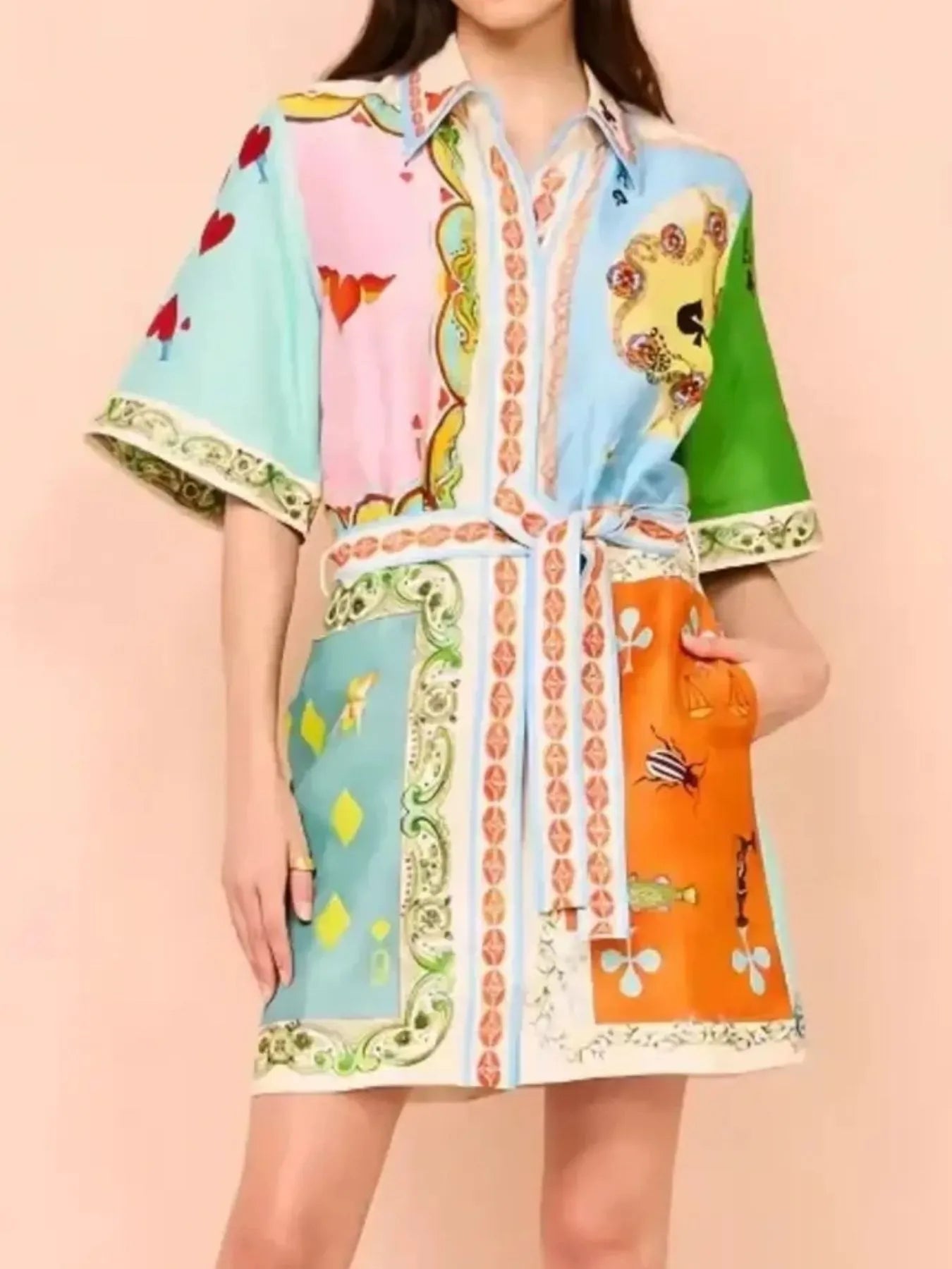 Printed Tie Waist Mini Shirt Dress OutfitFlow