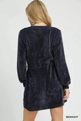 Umgee Velour Drawstring Mini Dress with Long Sleeves OutfitFlow
